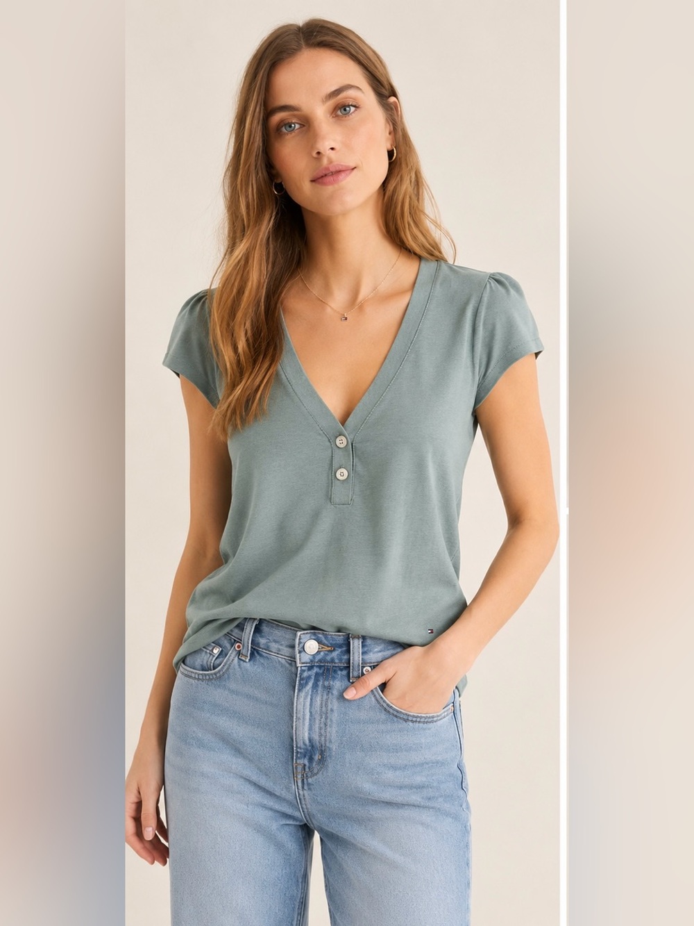 Tommy Hilfiger Teal V-Neck Henley Top